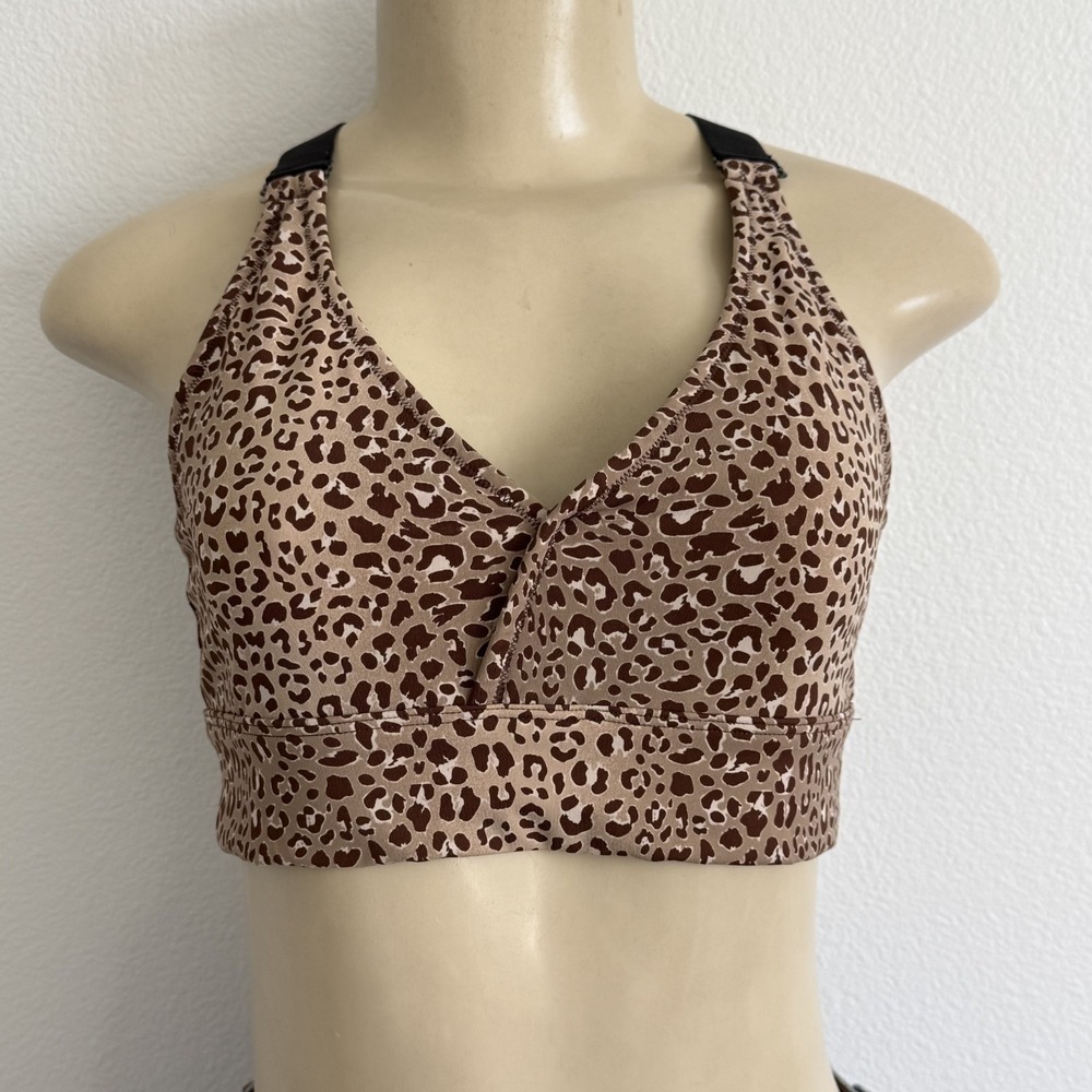 Varley Let's Go Delta Sports Bra Medium Brown Leopard Print Activewear T-Back - Picture 3 of 8